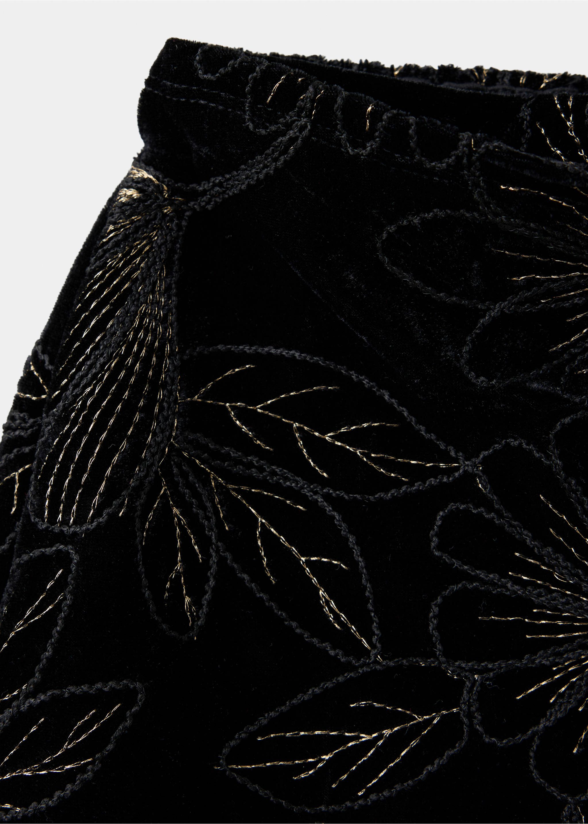 Close-up of black velvet shorts with gold embroidered floral details., Black. Ref: 37059212-00.