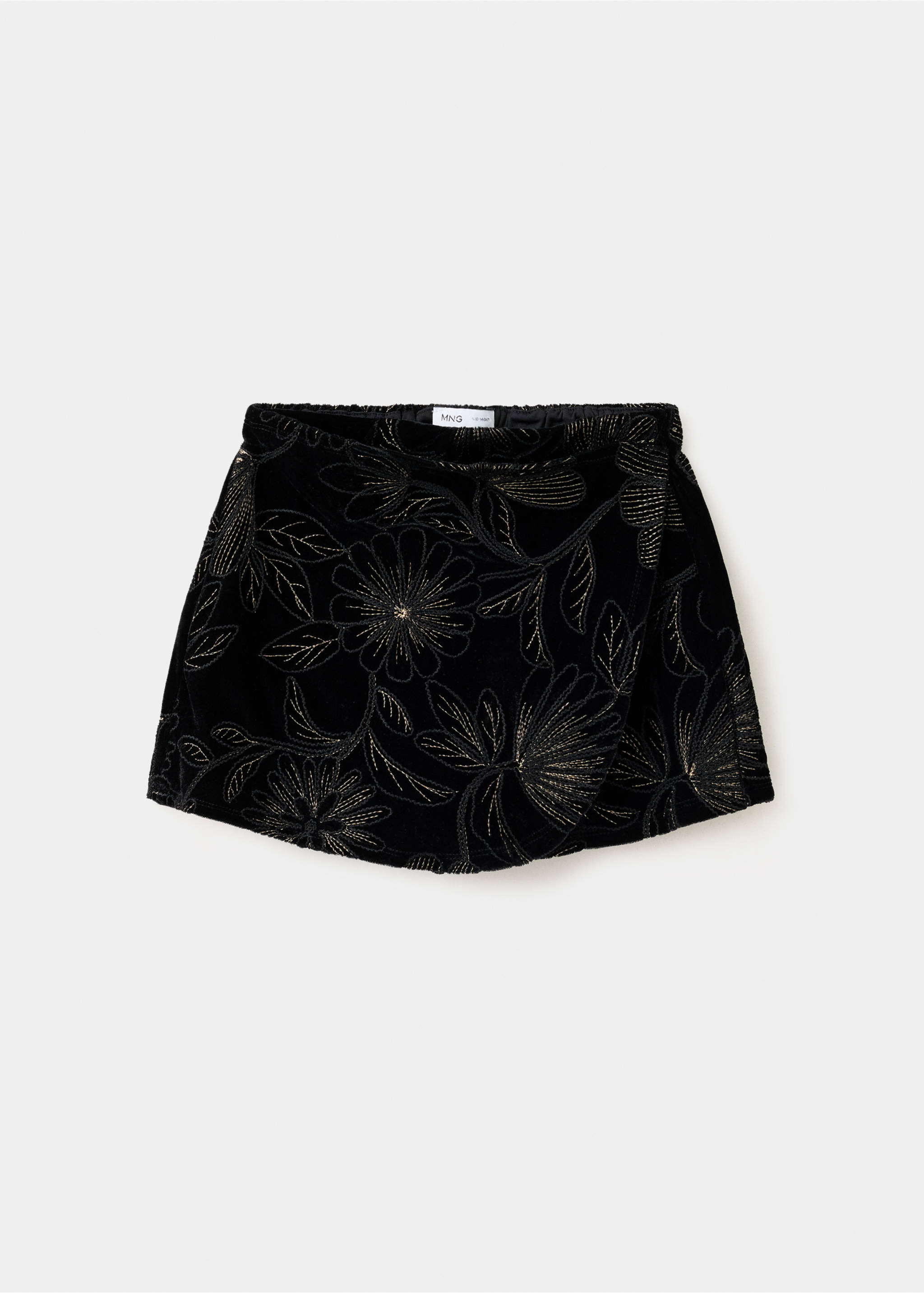 Black velvet shorts with gold floral embroidery and an elasticated waist., Black. Ref: 37059212-00.