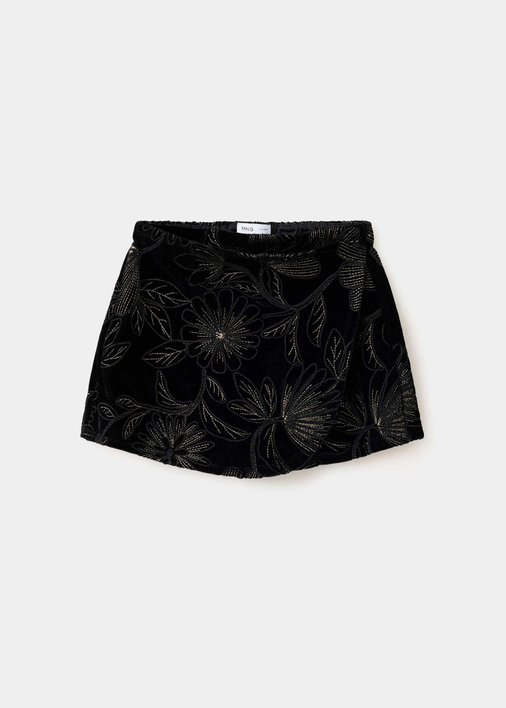 Black velvet shorts with gold floral embroidery and an elasticated waist.