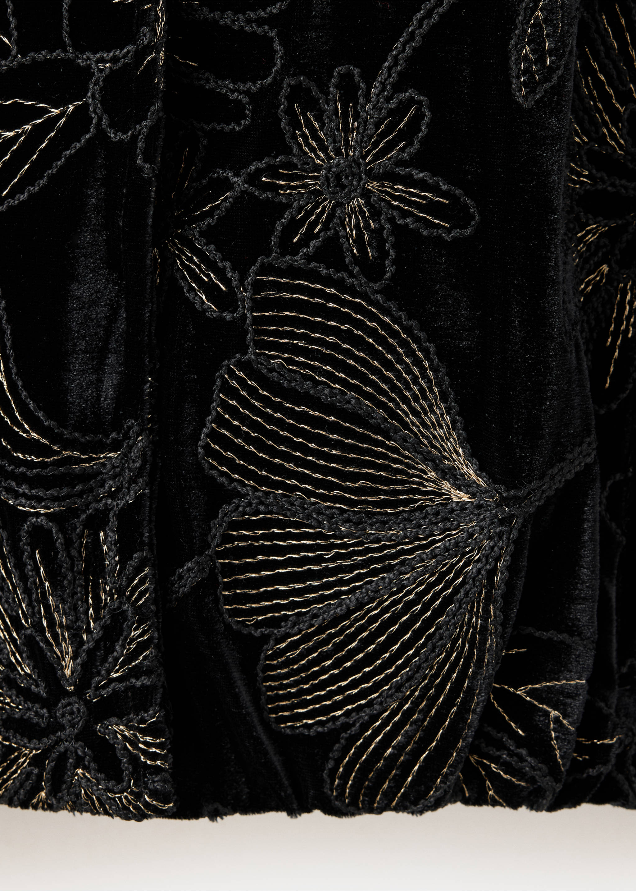 Black velvet jacket fabric detail with metallic gold embroidery., Black. Ref: 37059213-00.