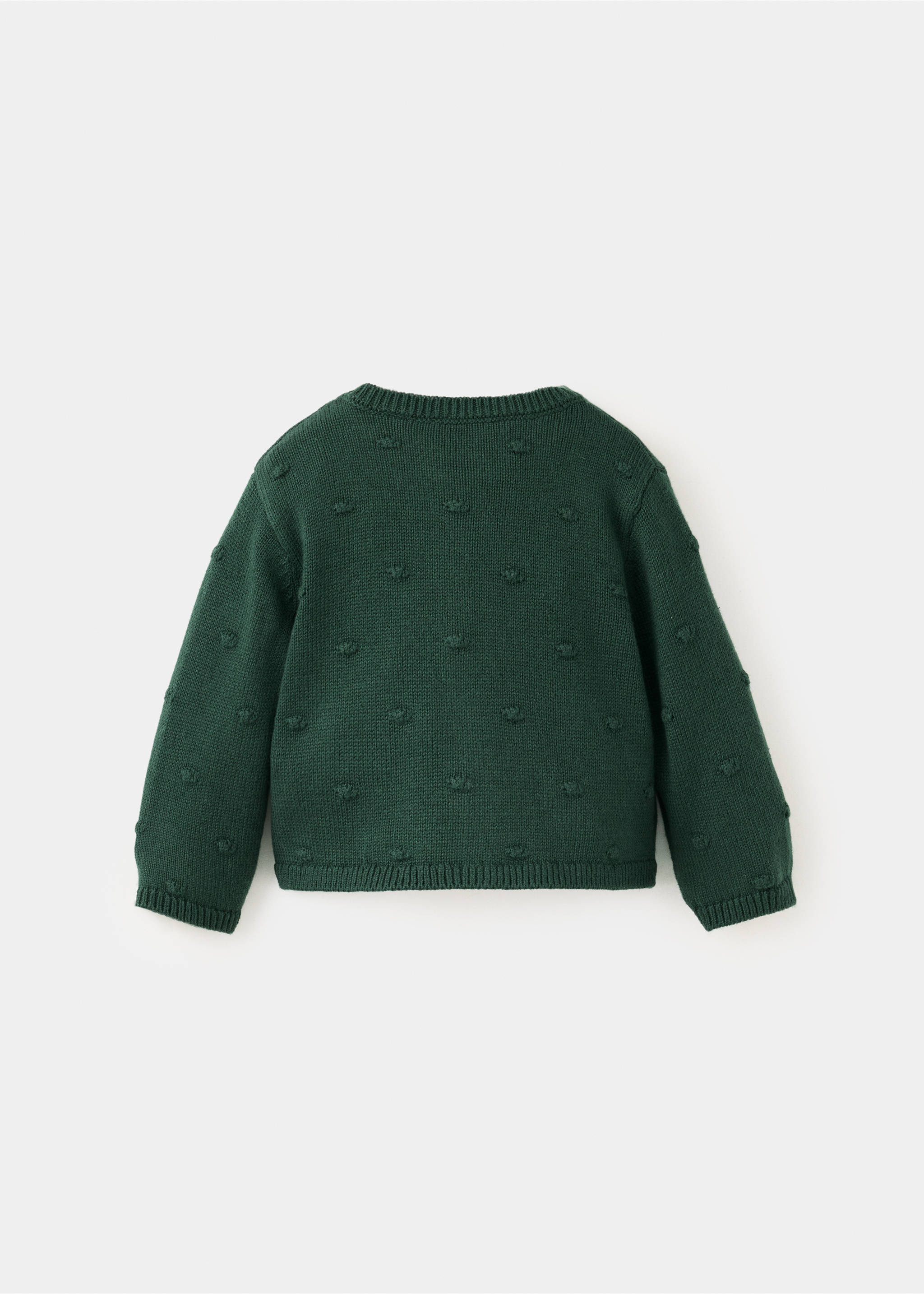 Dark green knitted children's cardigan shown from the back with textured tufted dots., Green. Ref: 37059216-00.