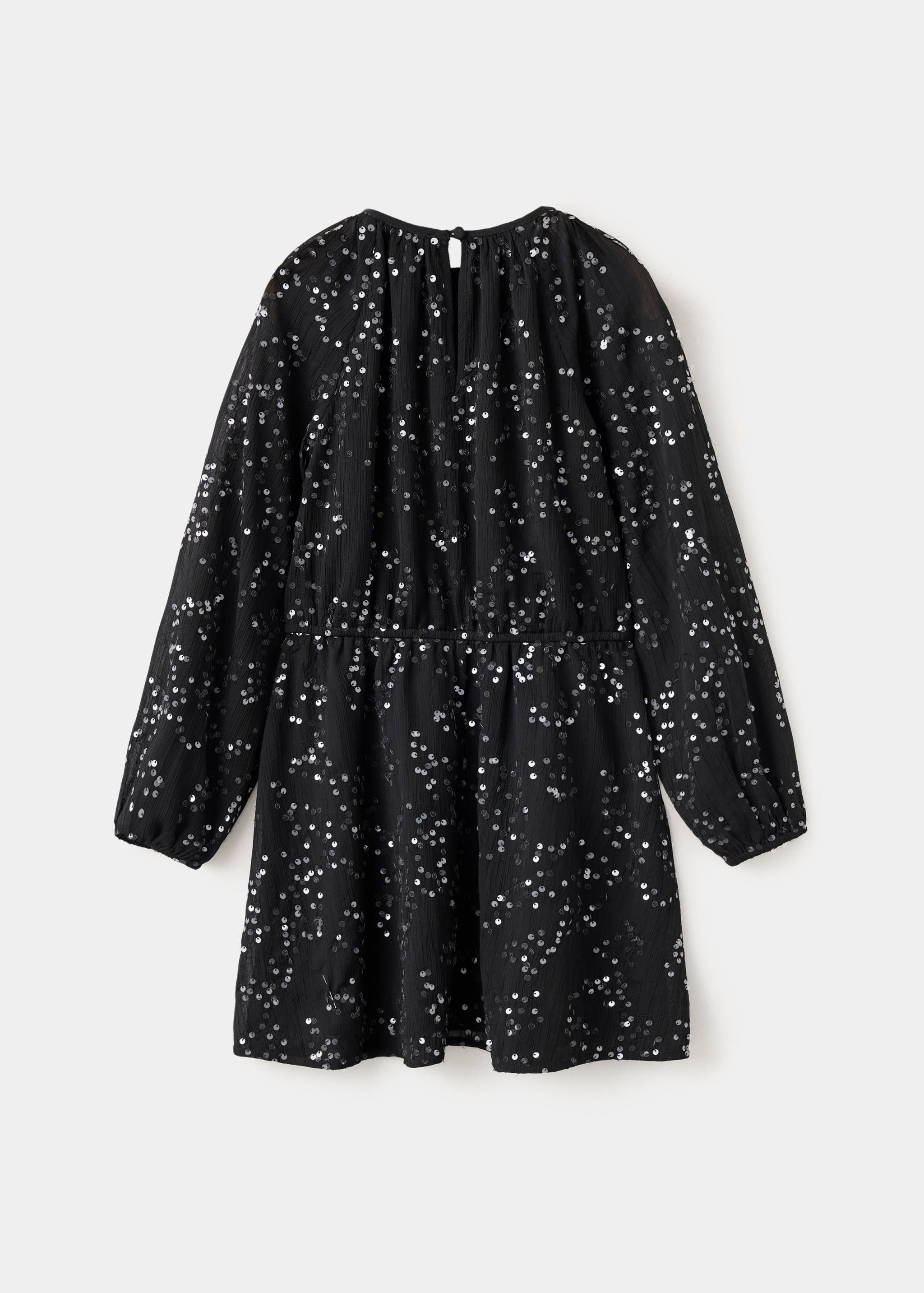 Back view of a black sequinned dress with long sleeves and a keyhole back.