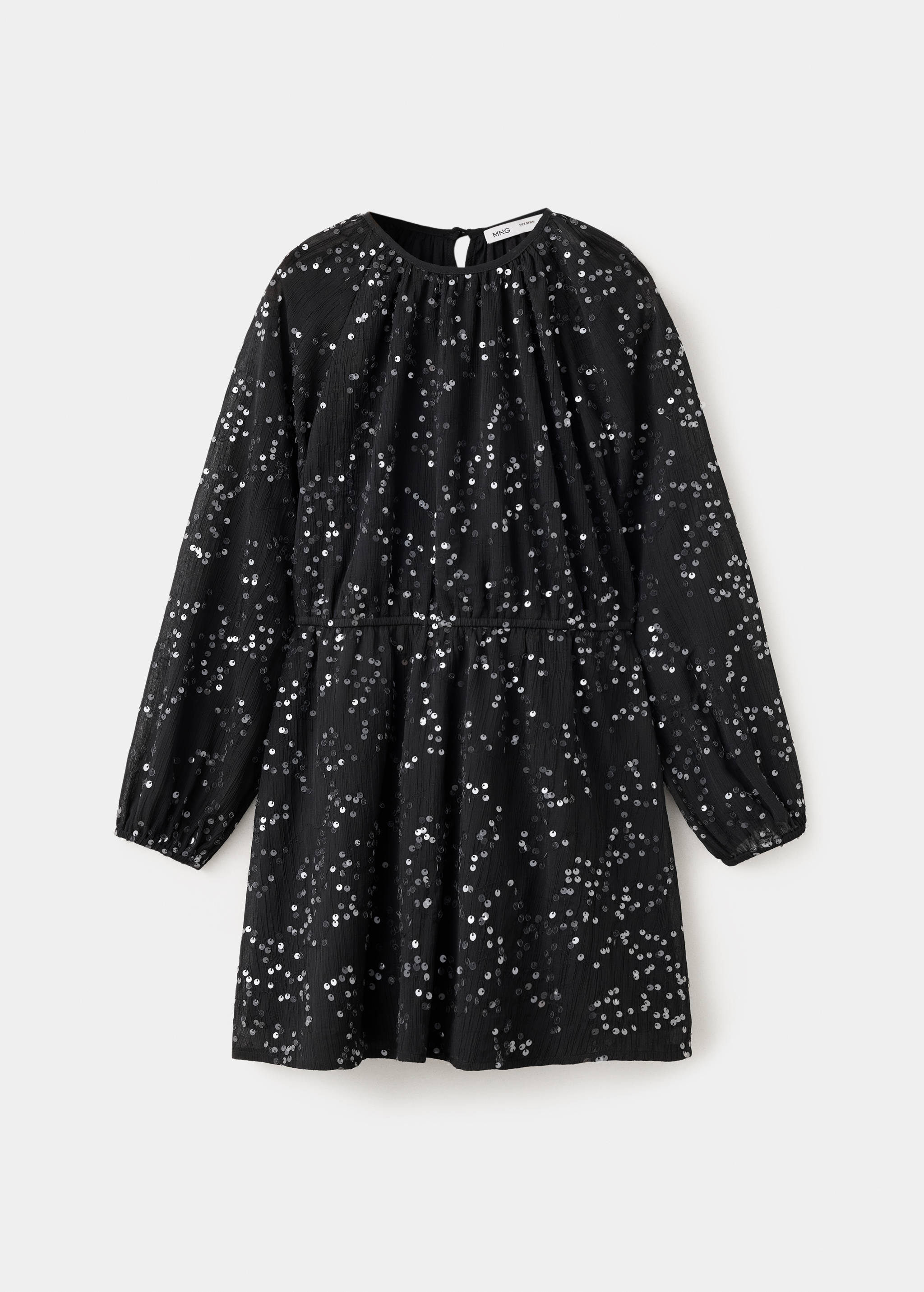 Black long-sleeved sequin dress with a round neckline and elasticated waist.