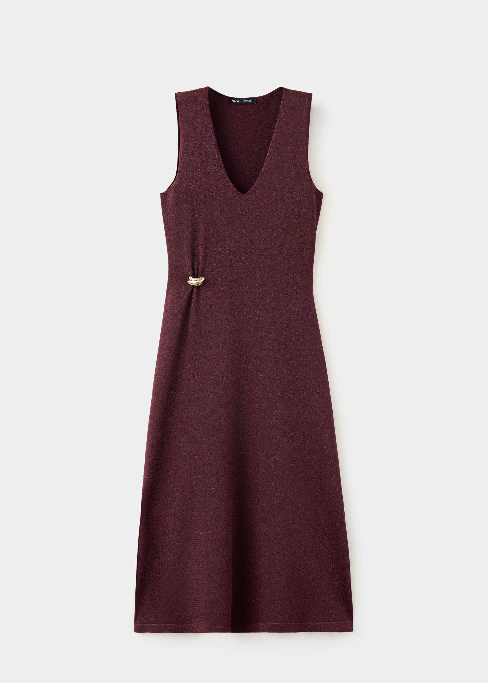 Burgundy sleeveless knit V-neck dress with a gold-coloured side waist detail., Wine. Ref: 37059227-00.