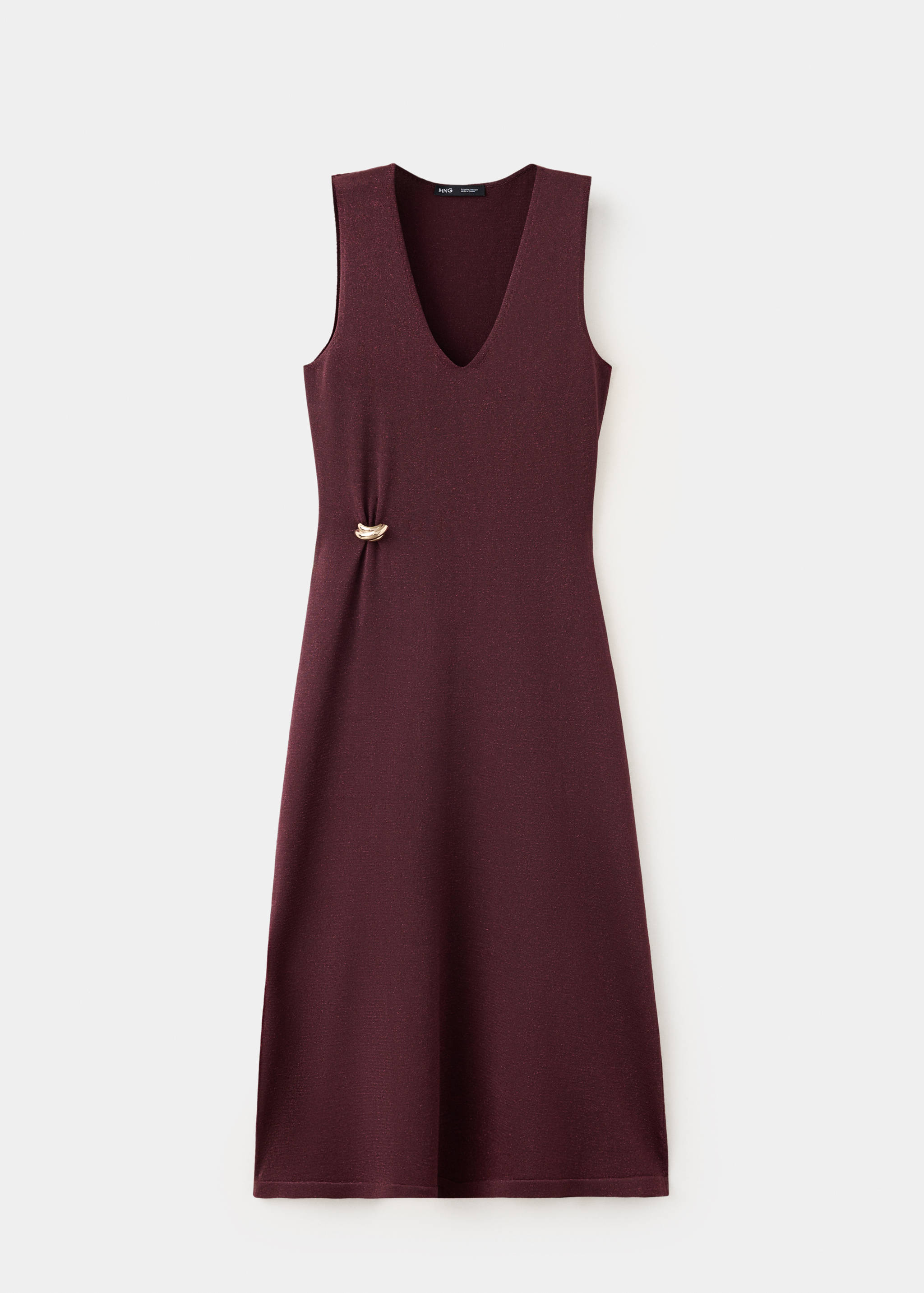 Burgundy sleeveless knit V-neck dress with a gold-coloured side waist detail.