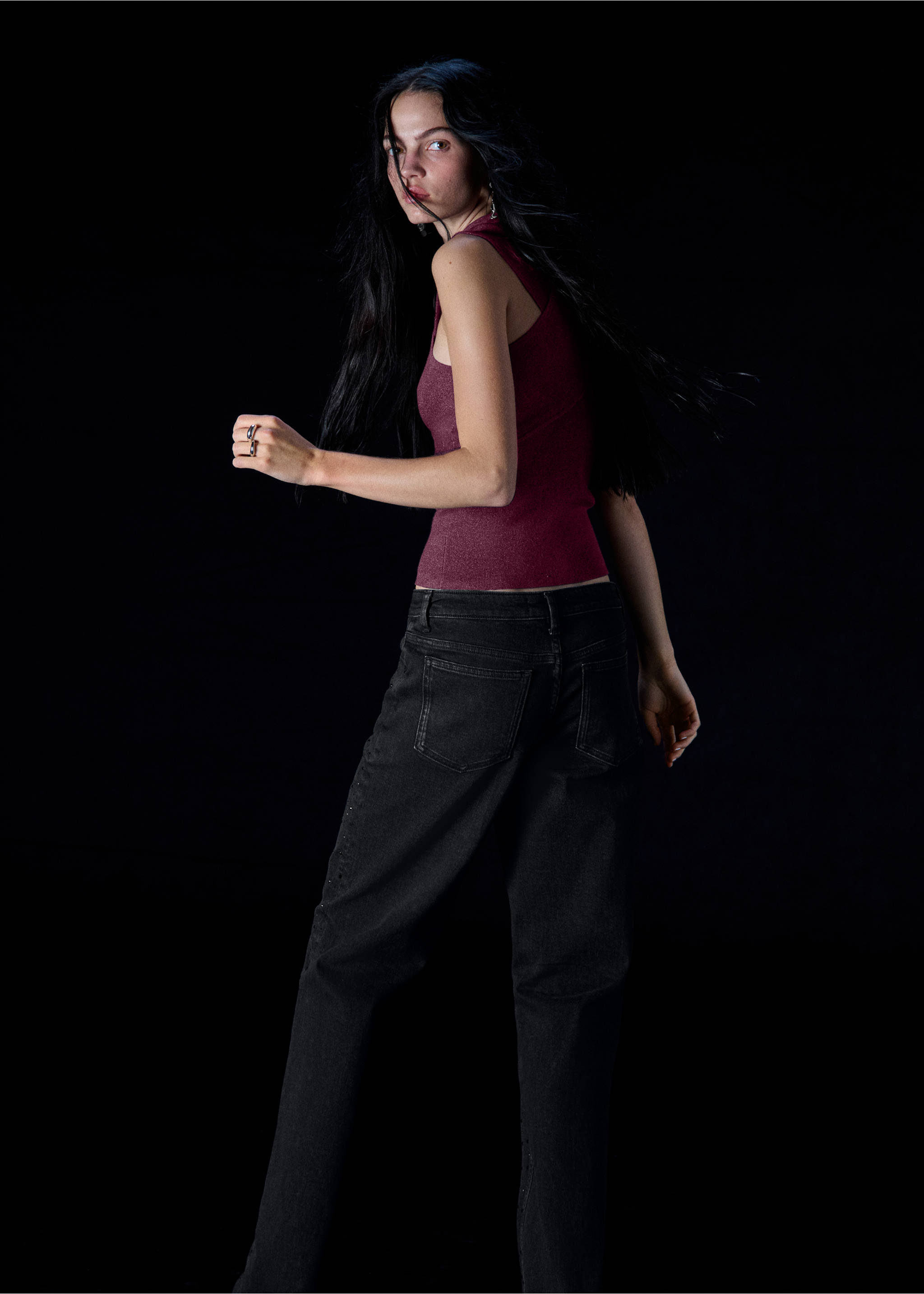 Back view of dark grey denim trousers worn with a dark red top., Black denim. Ref: 37059228-00.