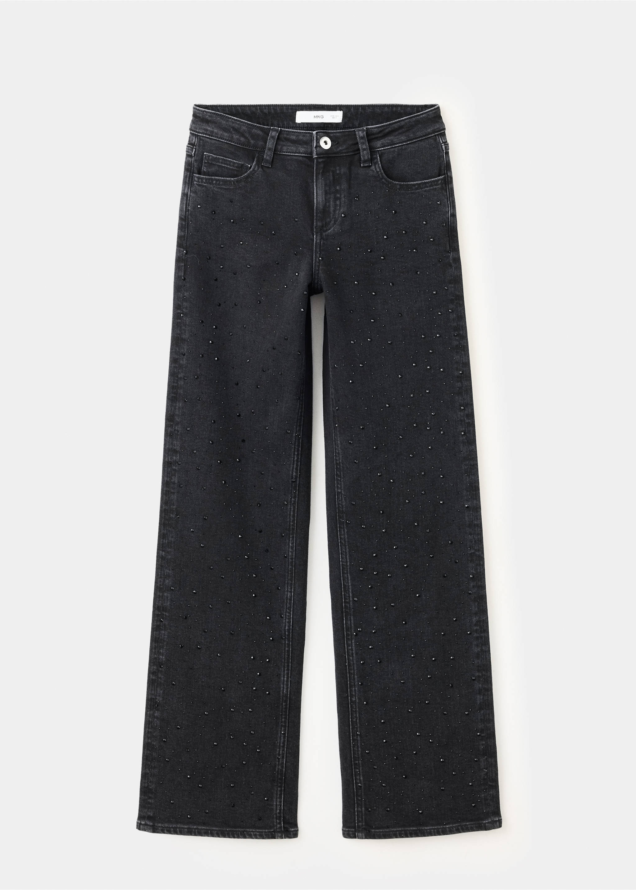 Dark grey straight-leg denim trousers with scattered black bead embellishments., Black denim. Ref: 37059228-00.