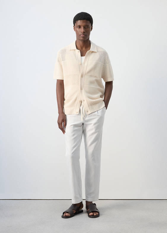 Spodnie slim fit cropped z lnu i bawełny