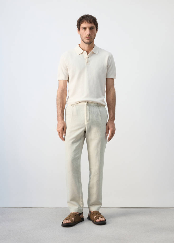 Slim fit cropped linen-cotton trousers — Ecru