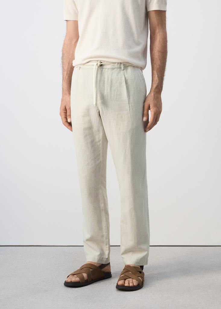 Slim fit cropped linen-cotton trousers — Ecru