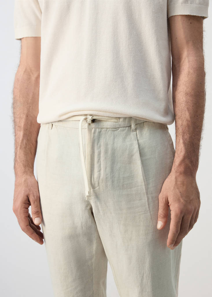 Slim fit cropped linen-cotton trousers — Ecru