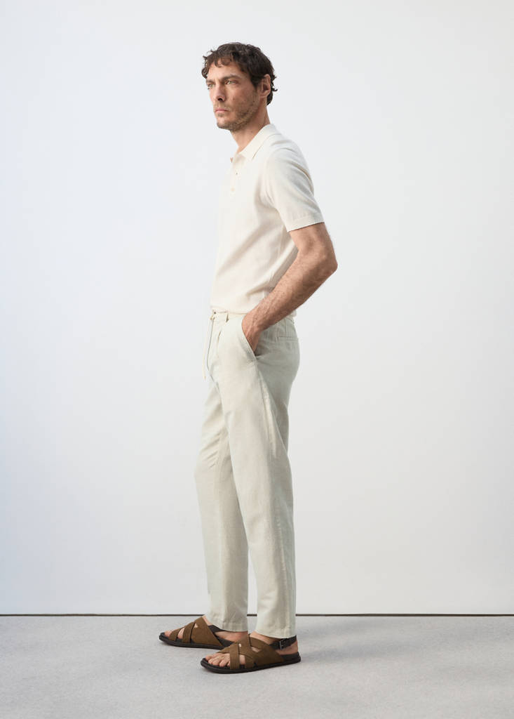 Slim fit cropped linen-cotton trousers — Ecru