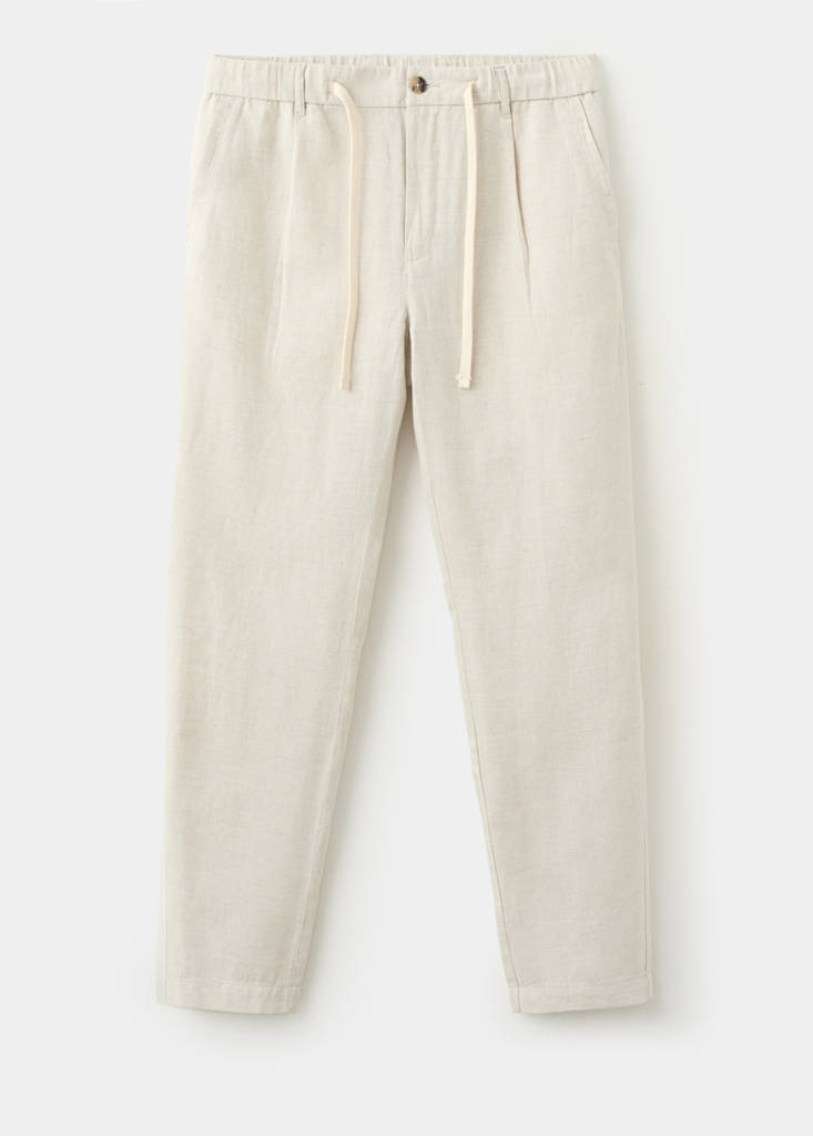 Slim fit cropped linen-cotton trousers — Ecru