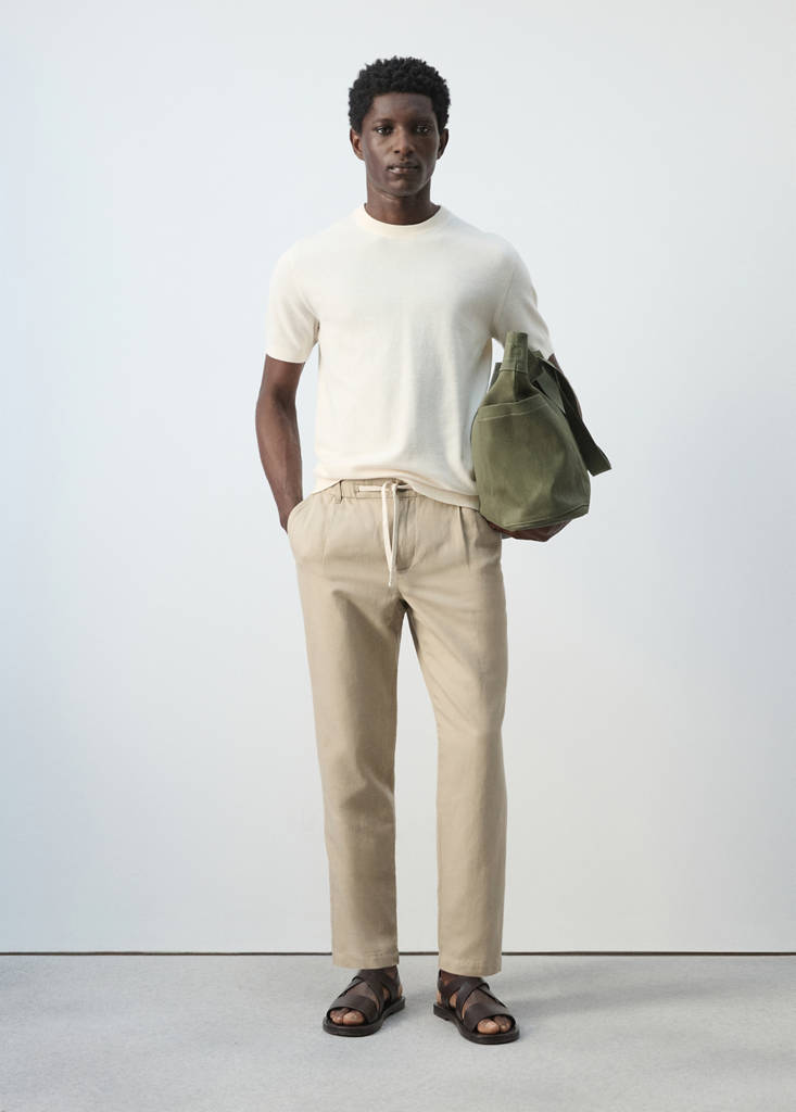 Slim fit cropped linen-cotton trousers — Beige