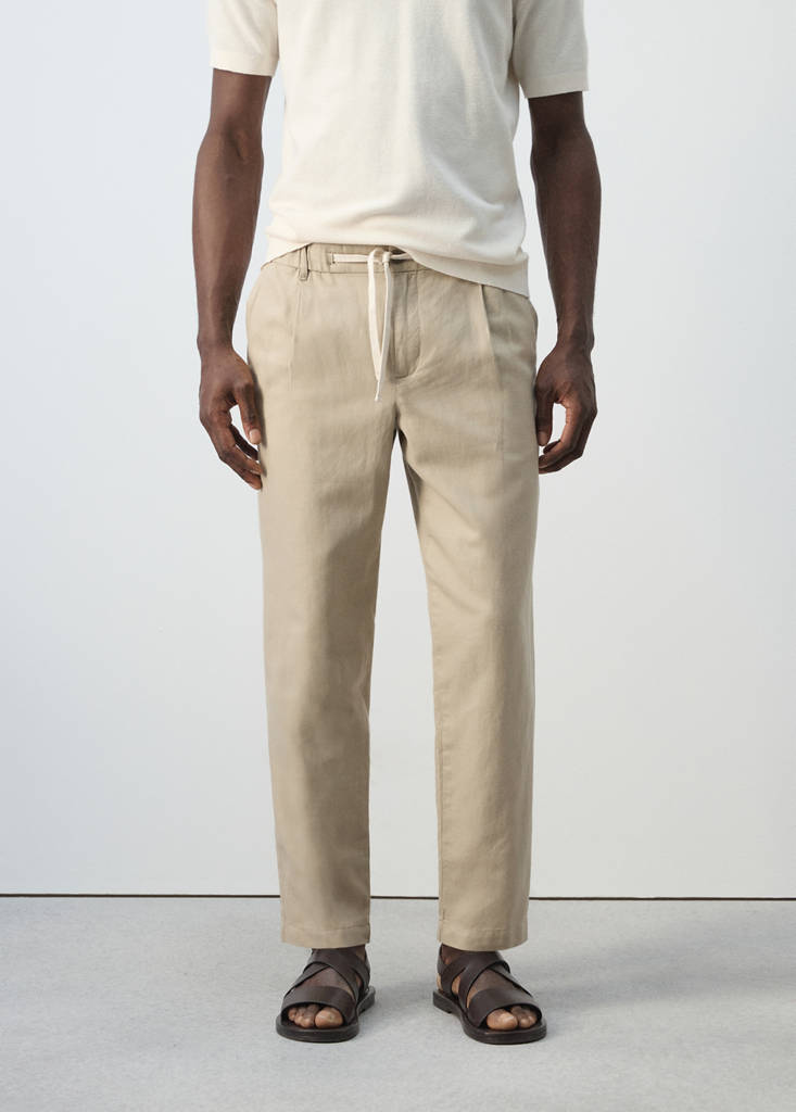 Slim fit cropped linen-cotton trousers — Beige