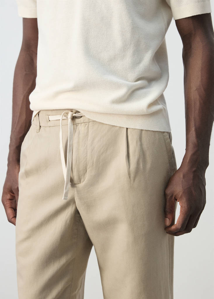 Slim fit cropped linen-cotton trousers — Beige