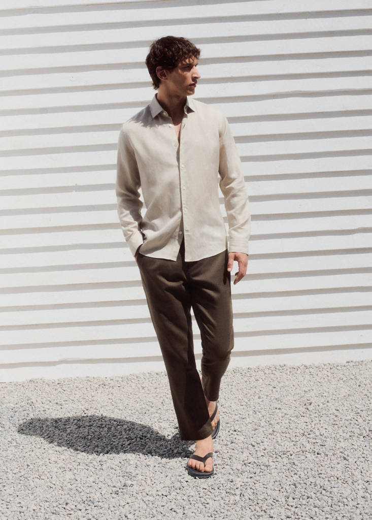 Slim fit cropped linen-cotton trousers — Beige