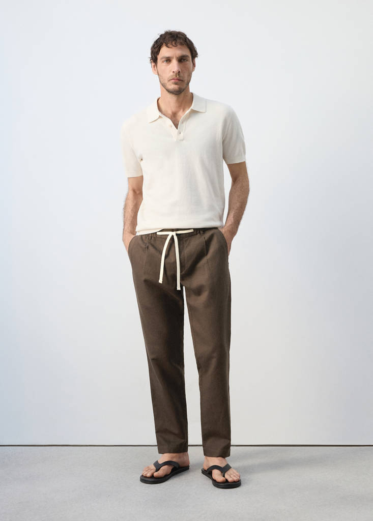 Slim fit cropped linen-cotton trousers — Chocolate