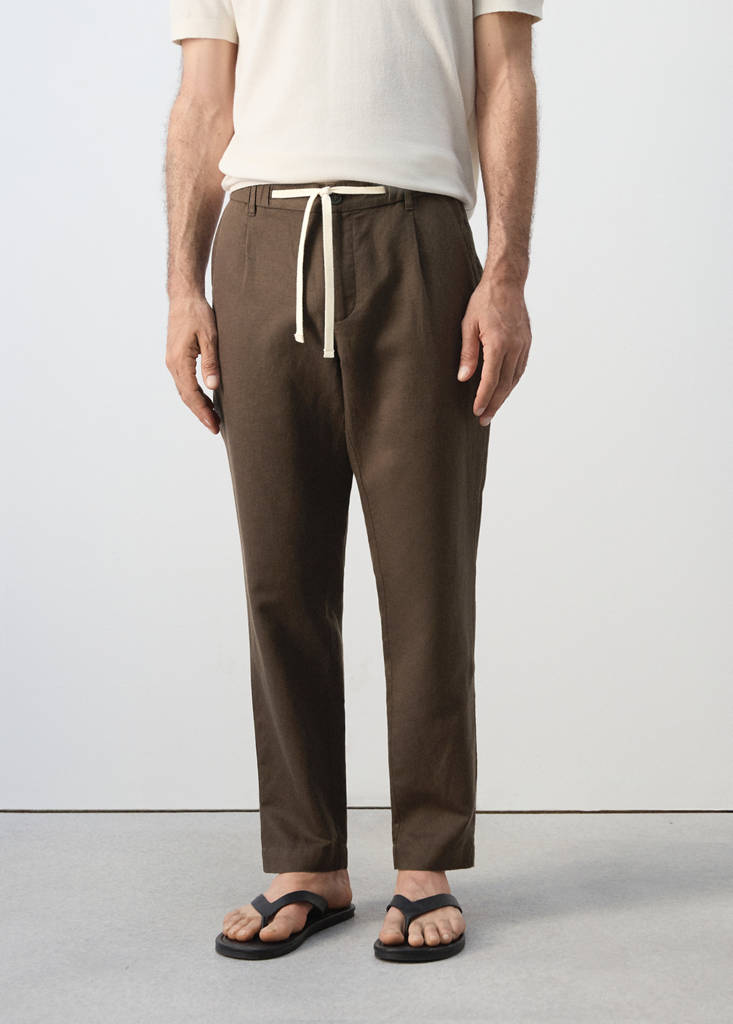 Slim fit cropped linen-cotton trousers — Chocolate