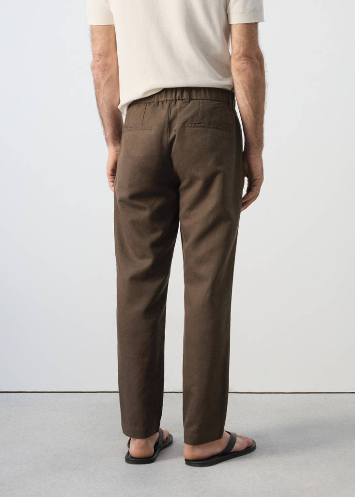 Slim fit cropped linen-cotton trousers — Chocolate