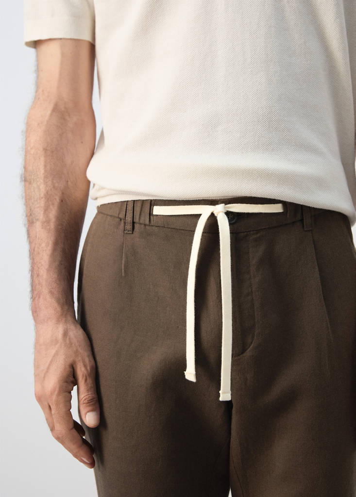 Slim fit cropped linen-cotton trousers — Chocolate