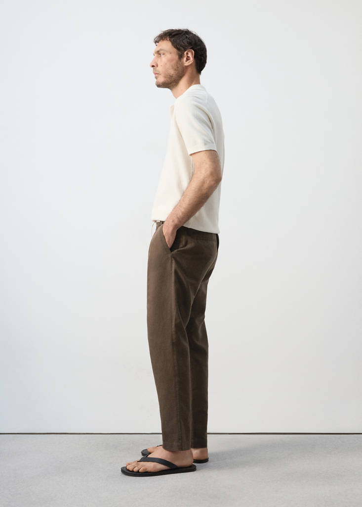 Slim fit cropped linen-cotton trousers — Chocolate