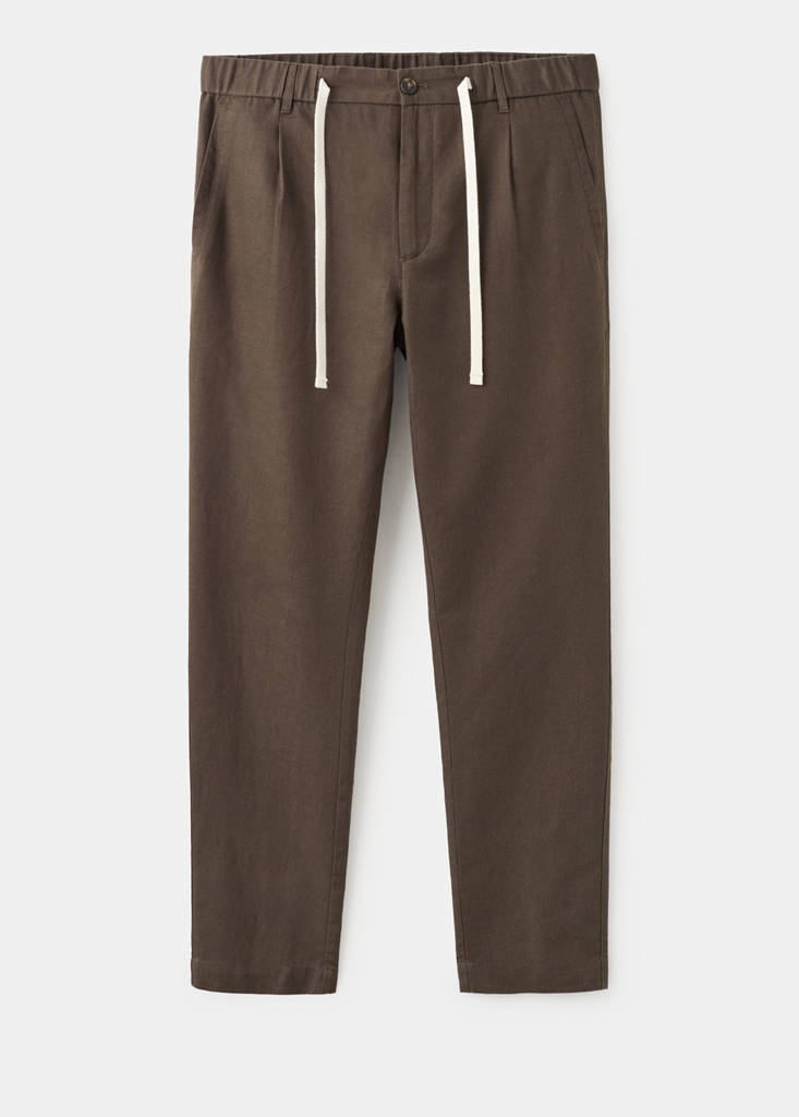 Slim fit cropped linen-cotton trousers — Chocolate