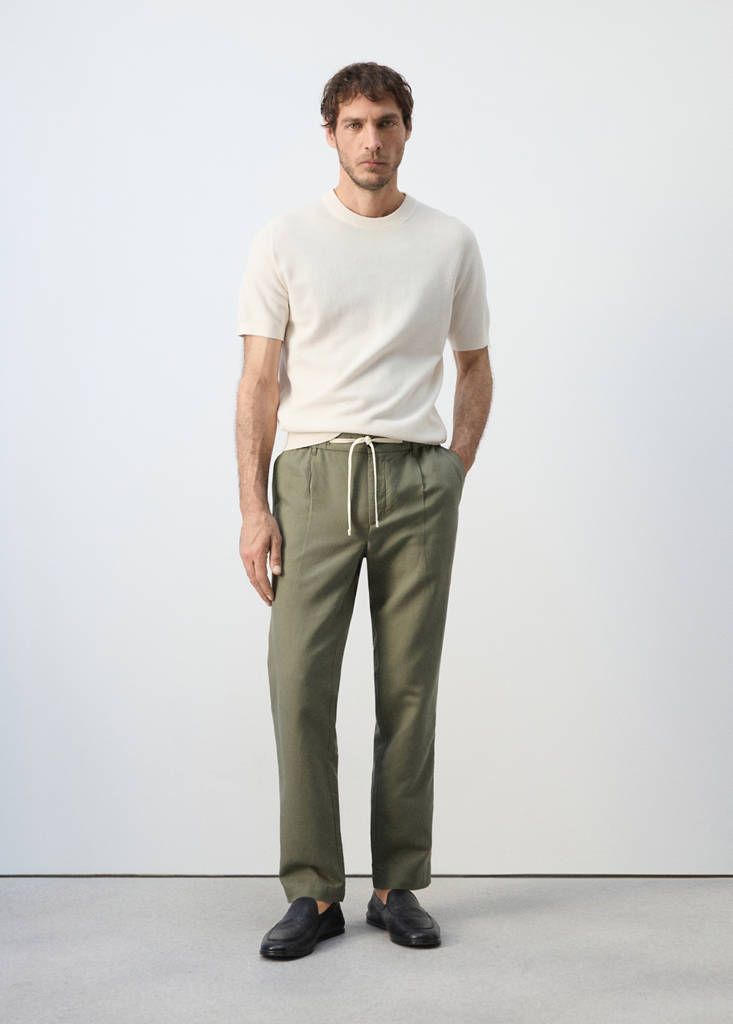 Slim fit cropped linen-cotton trousers — Forest Green