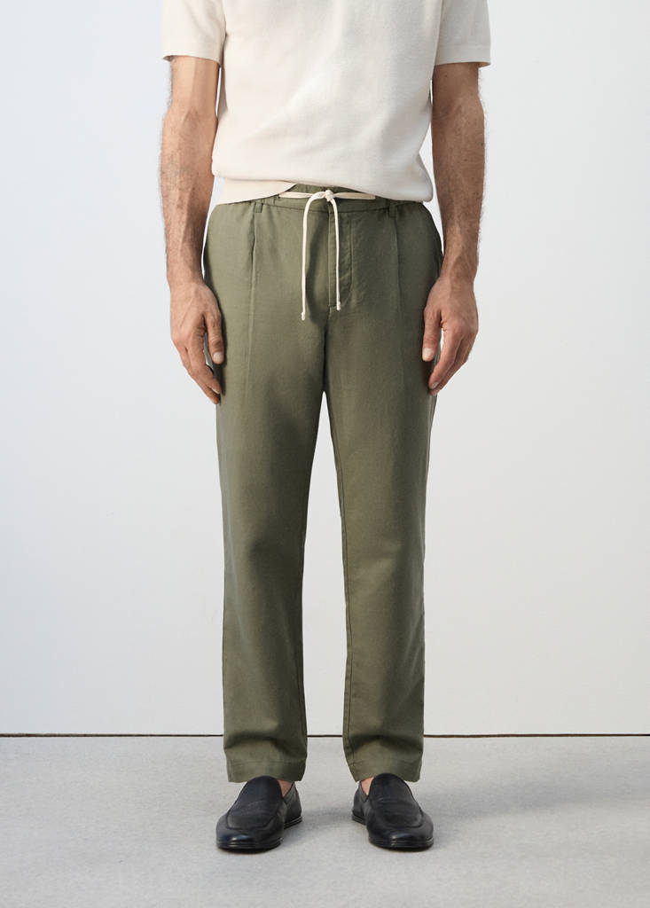 Slim fit cropped linen-cotton trousers — Forest Green