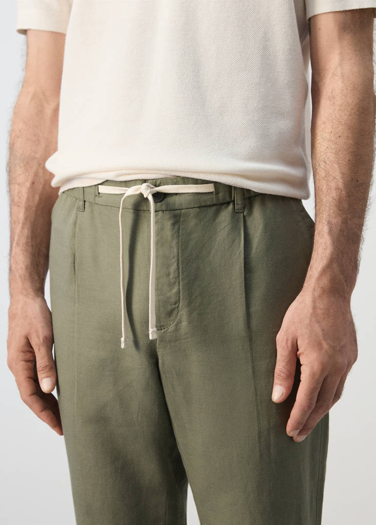 Slim fit cropped linen-cotton trousers — Forest Green