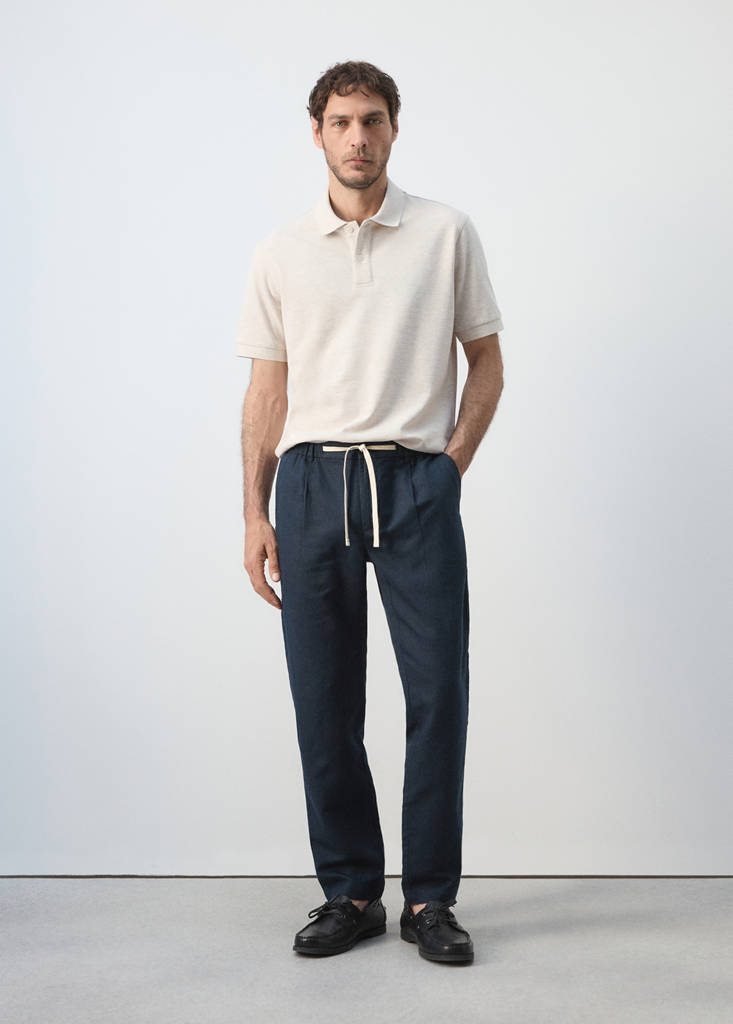 Slim fit cropped linen-cotton trousers — Navy