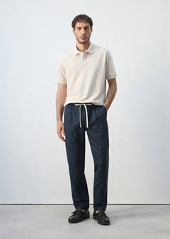 Slim fit cropped linen-cotton trousers — Navy 2