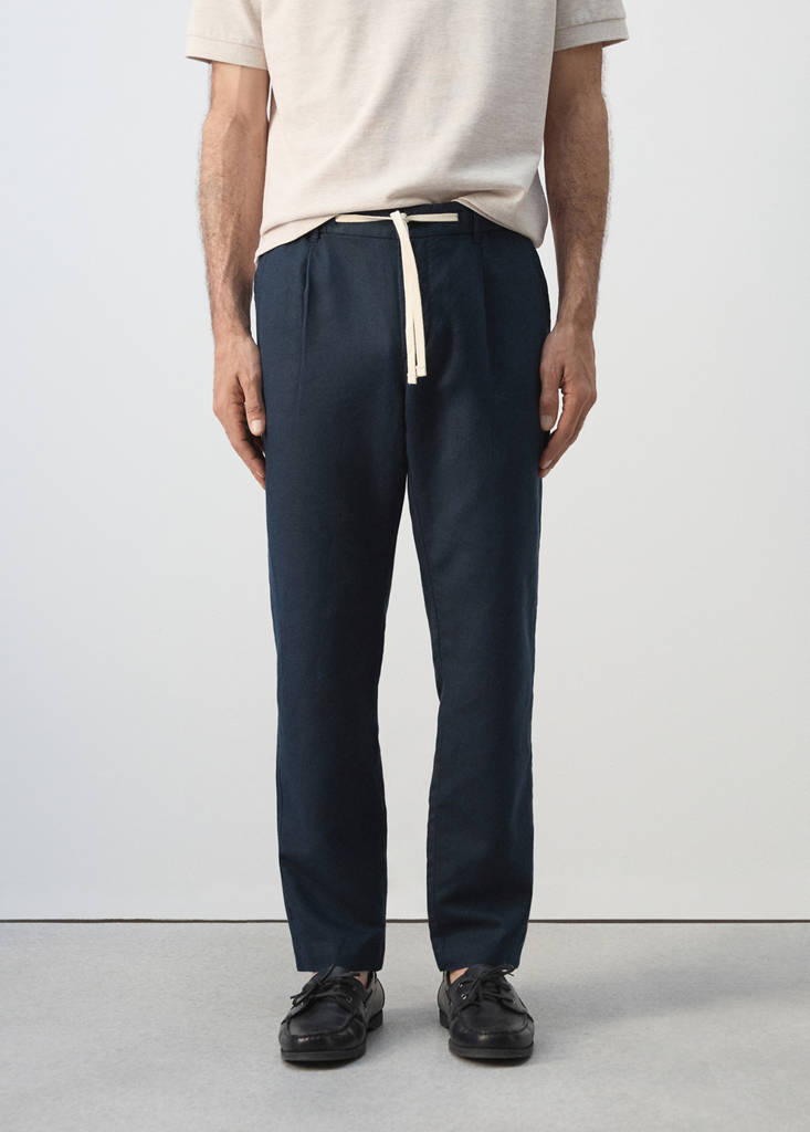 Slim fit cropped linen-cotton trousers — Navy