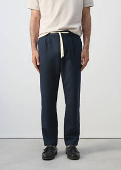 Slim fit cropped linen-cotton trousers — Navy 1