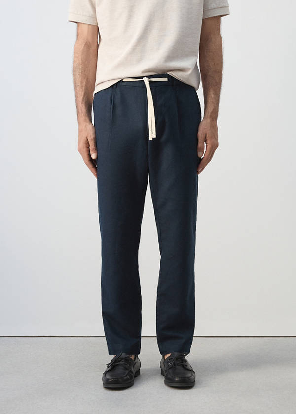 Slim fit cropped linen-cotton trousers — Navy
