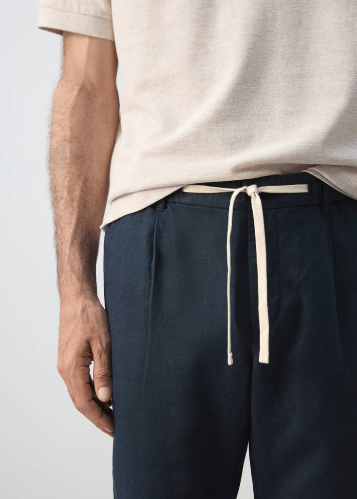 Slim fit cropped linen-cotton trousers — Navy
