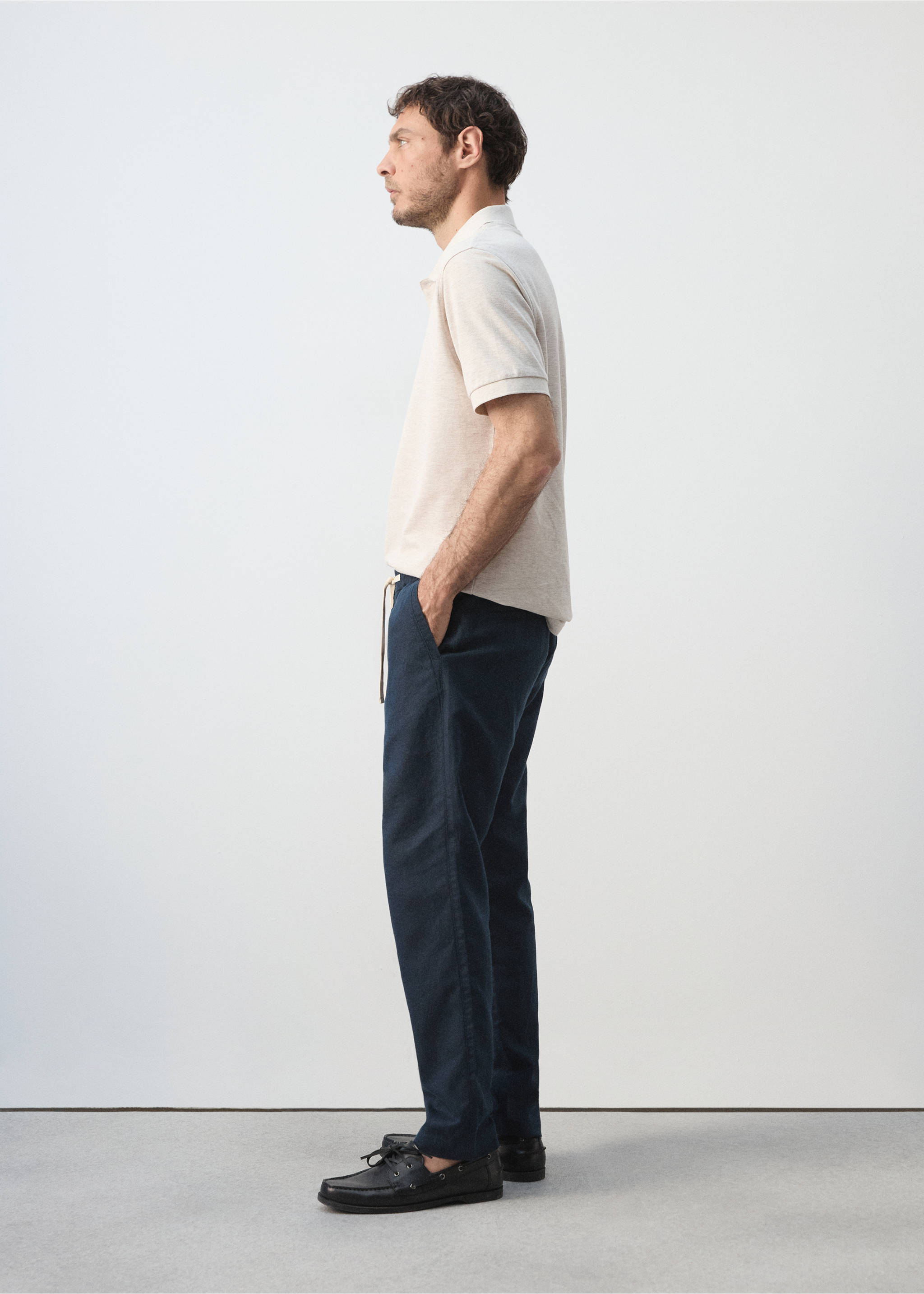 Slim fit cropped linen-cotton trousers - Details of the article 2, Navy. Ref: 37061331-00.