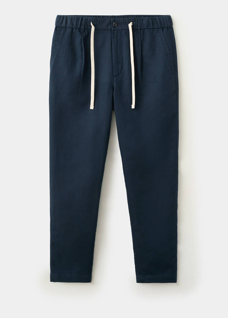 Slim fit cropped linen-cotton trousers — Navy