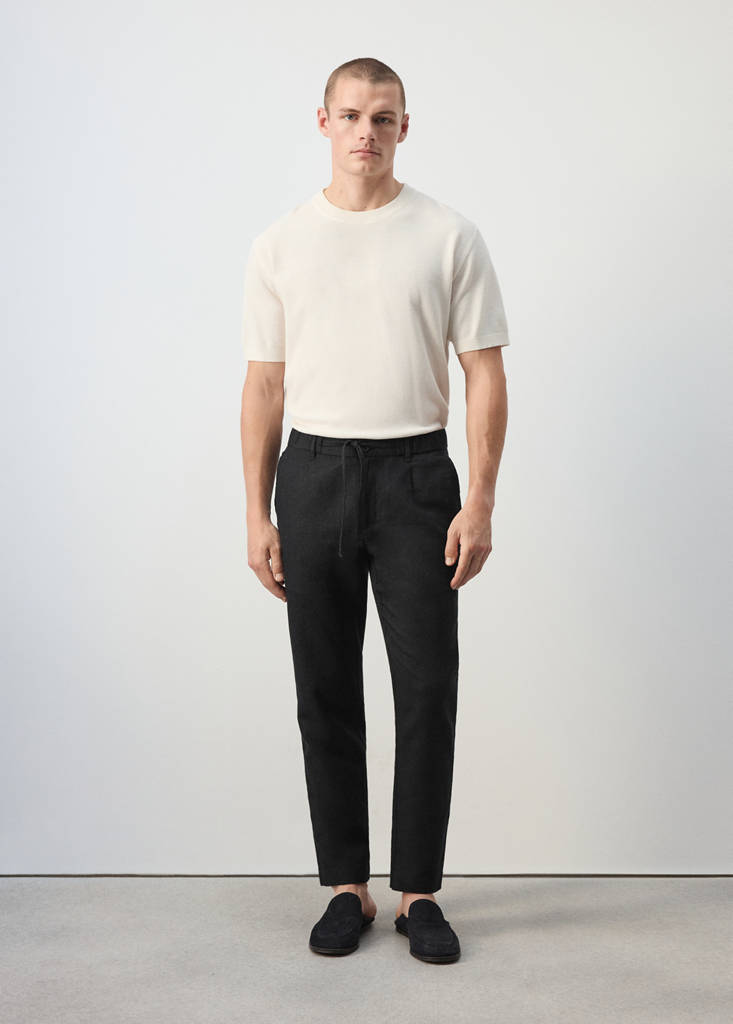 Slim fit cropped linen-cotton trousers — Black