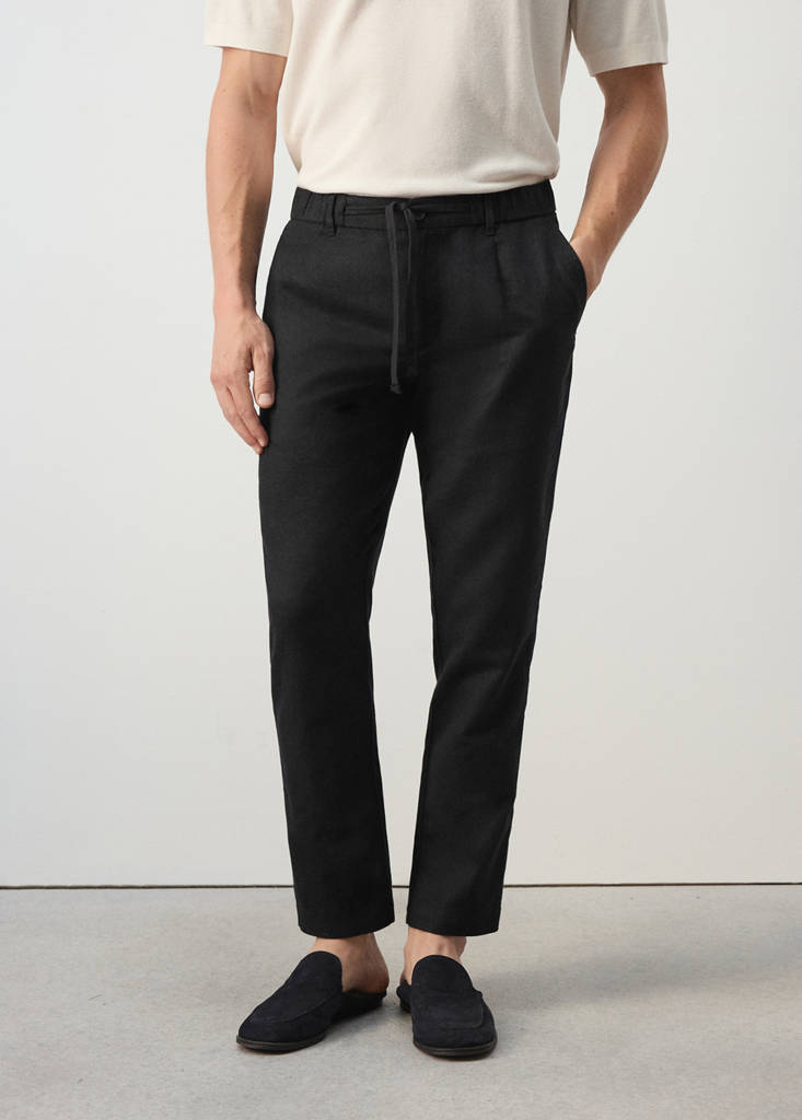 Slim fit cropped linen-cotton trousers — Black
