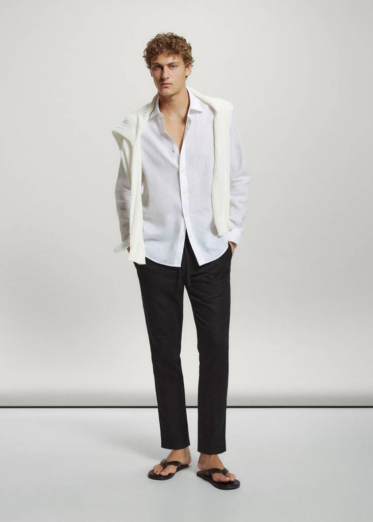 Slim fit cropped linen-cotton trousers — Black