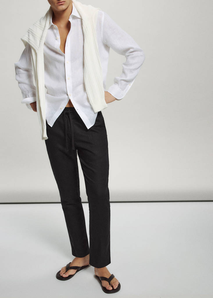 Slim fit cropped linen-cotton trousers — Black