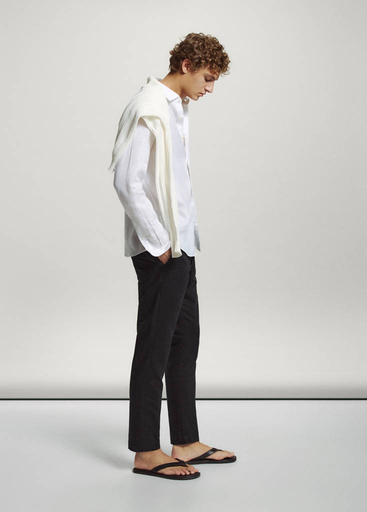 Slim fit cropped linen-cotton trousers — Black