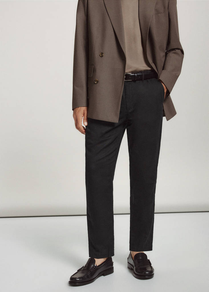 Slim fit cropped linen-cotton trousers — Black