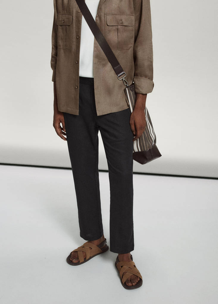 Slim fit cropped linen-cotton trousers — Black