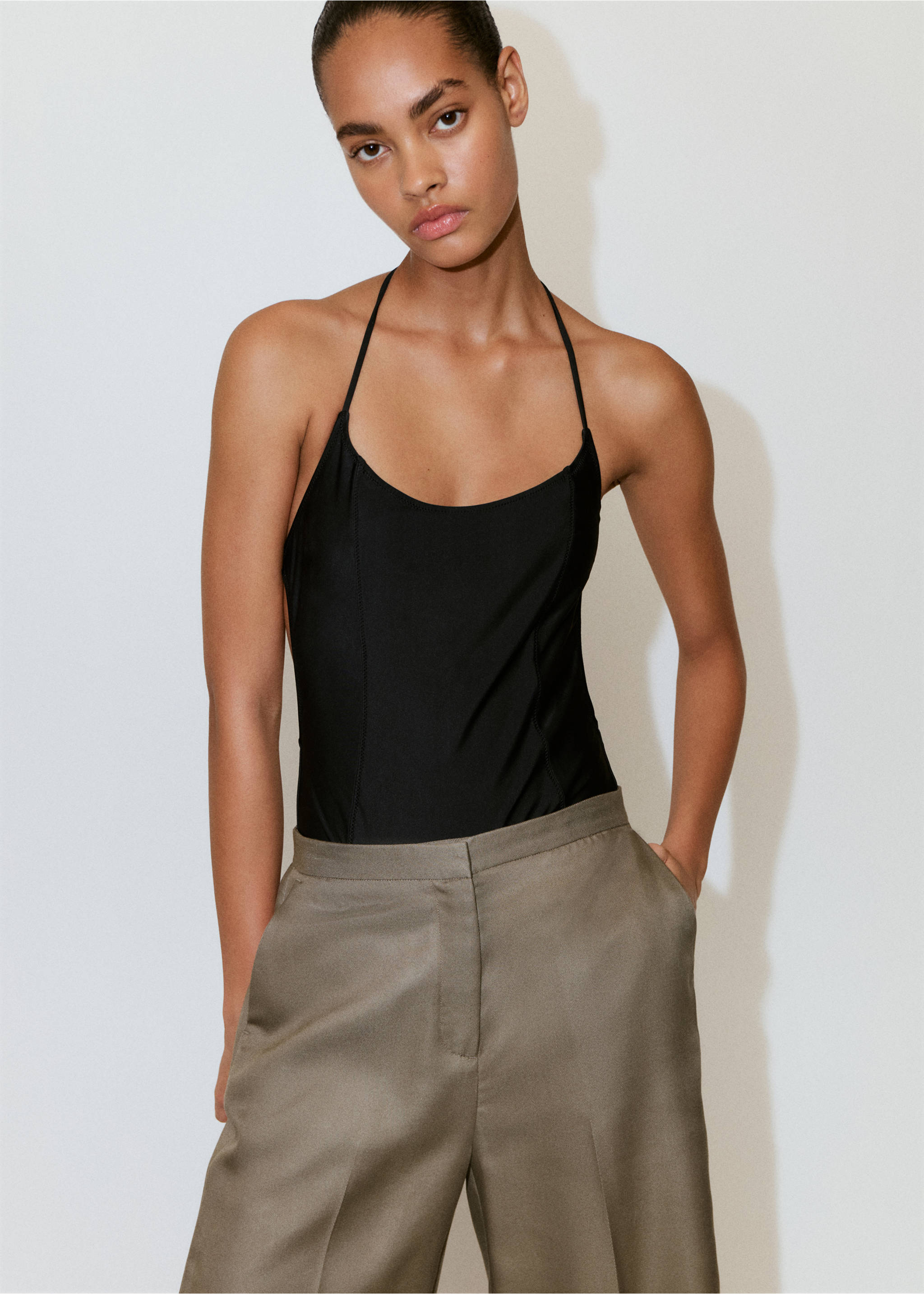 Pantalon lyocell taille haute - Détail de l'article 1, Kaki. Ref: 37061348-00.
