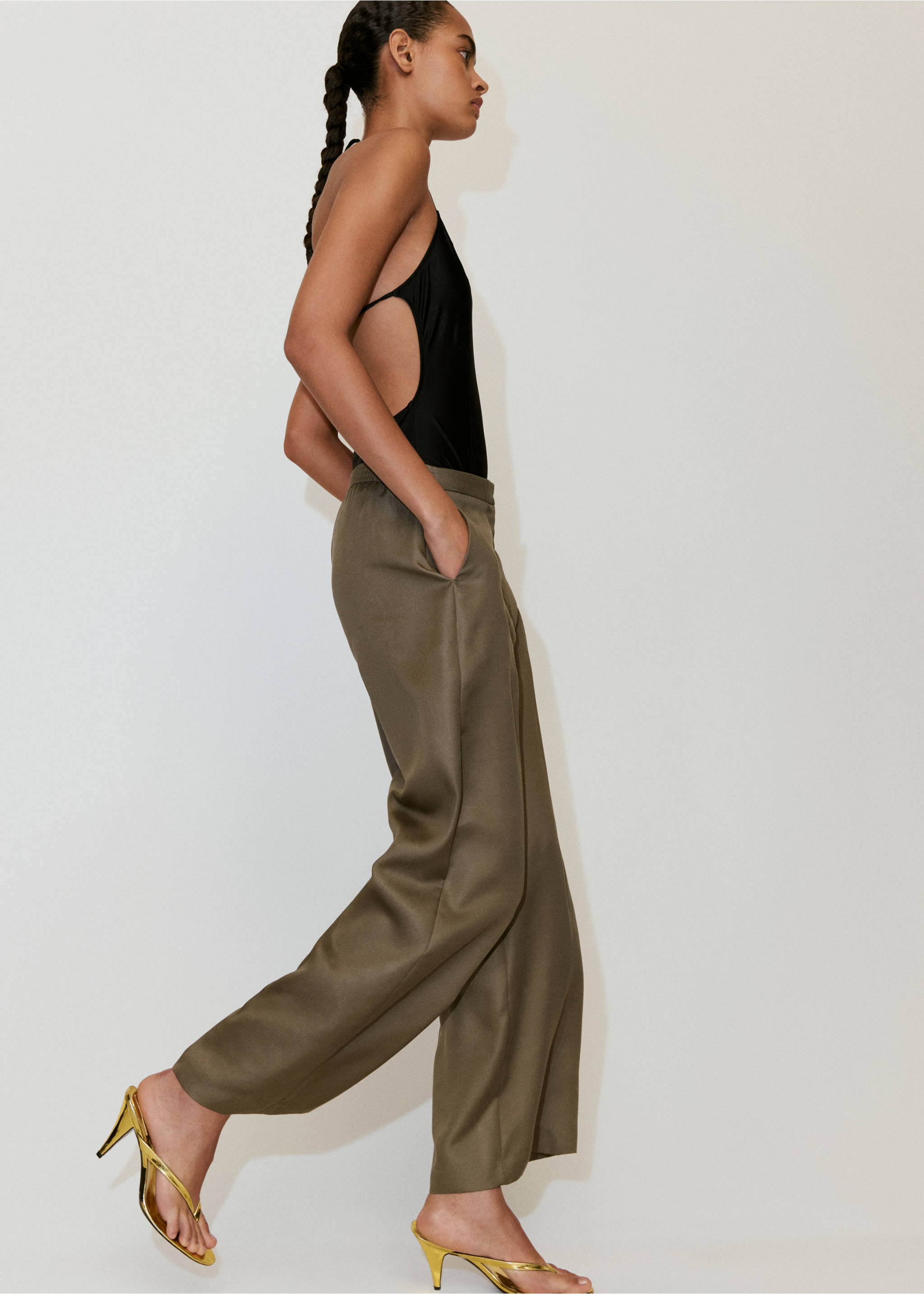 Pantalon lyocell taille haute - Détail de l'article 3, Kaki. Ref: 37061348-00.