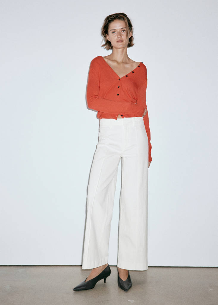 High-waisted wide leg jeans with stitching — White