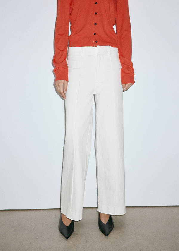 High-waisted wide leg jeans with stitching — White