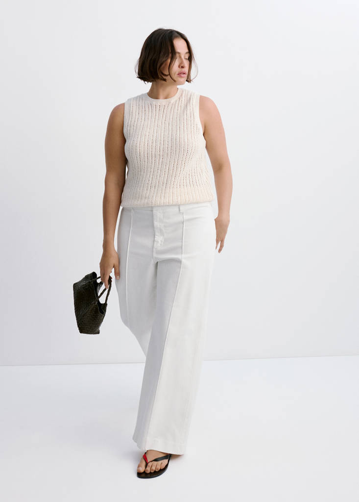 High-waisted wide leg jeans with stitching — White